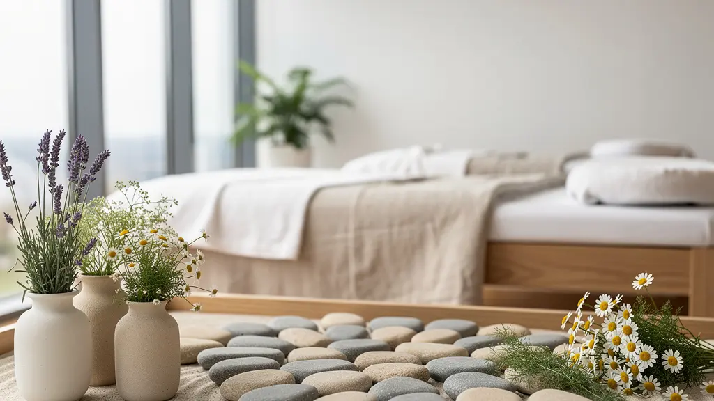 Vue d'ensemble des différentes thérapies naturelles avec pierres thérapeutiques, plantes médicinales et mains guérisseuses dans un cadre apaisant