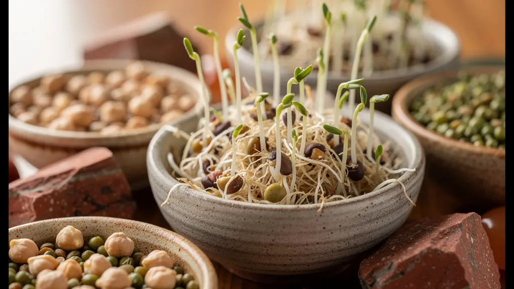 Composition de légumineuses germées et pierres énergétiques rouges sur table en bois naturel