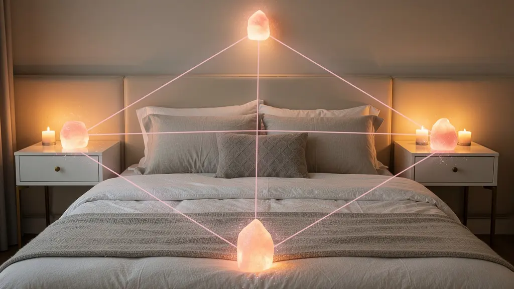 Disposition triangulaire de cristaux de quartz rose dans une chambre harmonieuse