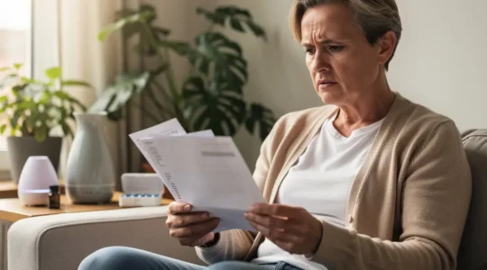 Personne assise contemplant ses analyses médicales dans un environnement naturel apaisant