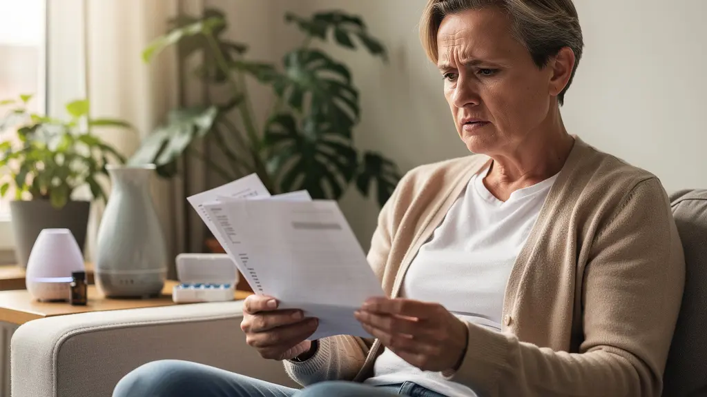 Personne assise contemplant ses analyses médicales dans un environnement naturel apaisant