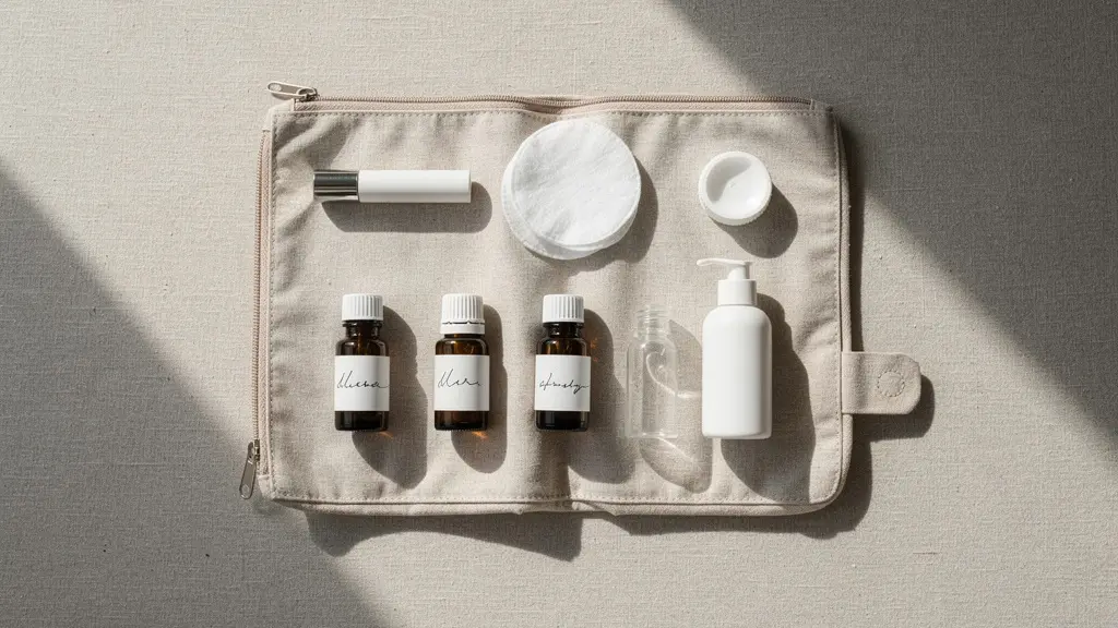 Organisation méthodique d'une trousse de voyage avec huiles essentielles et accessoires de sécurité