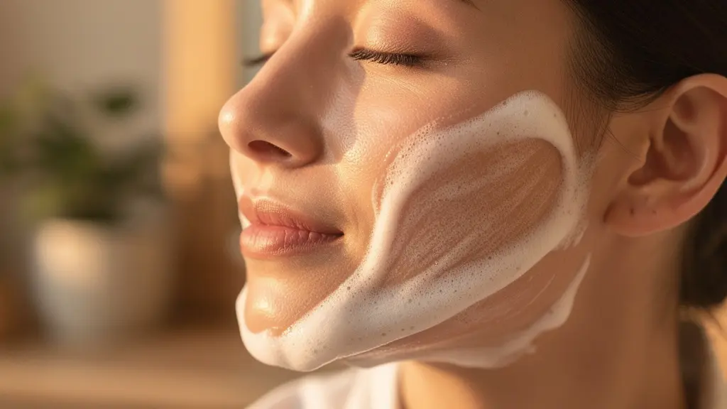 Visage de femme aux yeux fermés avec mousse délicate de savon surgras sur les joues dans une ambiance spa