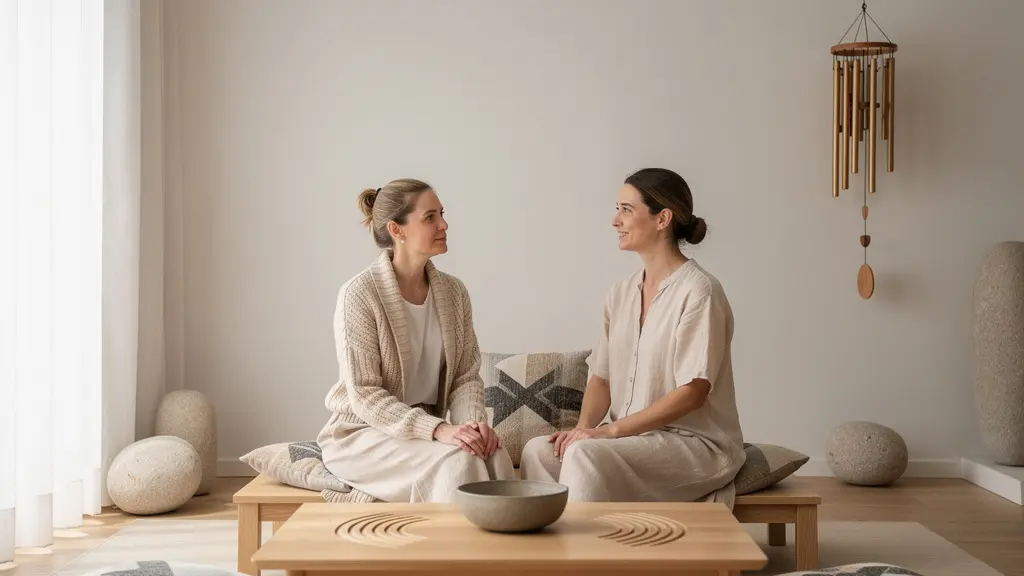 Sophrologue et patient en séance avec métaphore visuelle des ondes sonores et vibrations